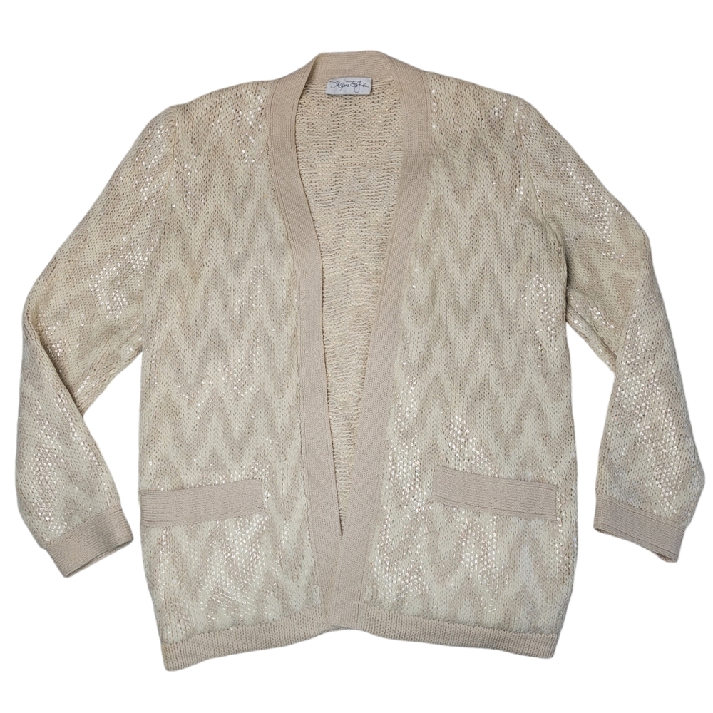 St. John Women’s Large Cardigan Sweater Chevron Beige Long Sleeve Open Front 80s